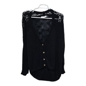 Mustard Seed Womens Medium Black Open Knit Button Front Cardigan